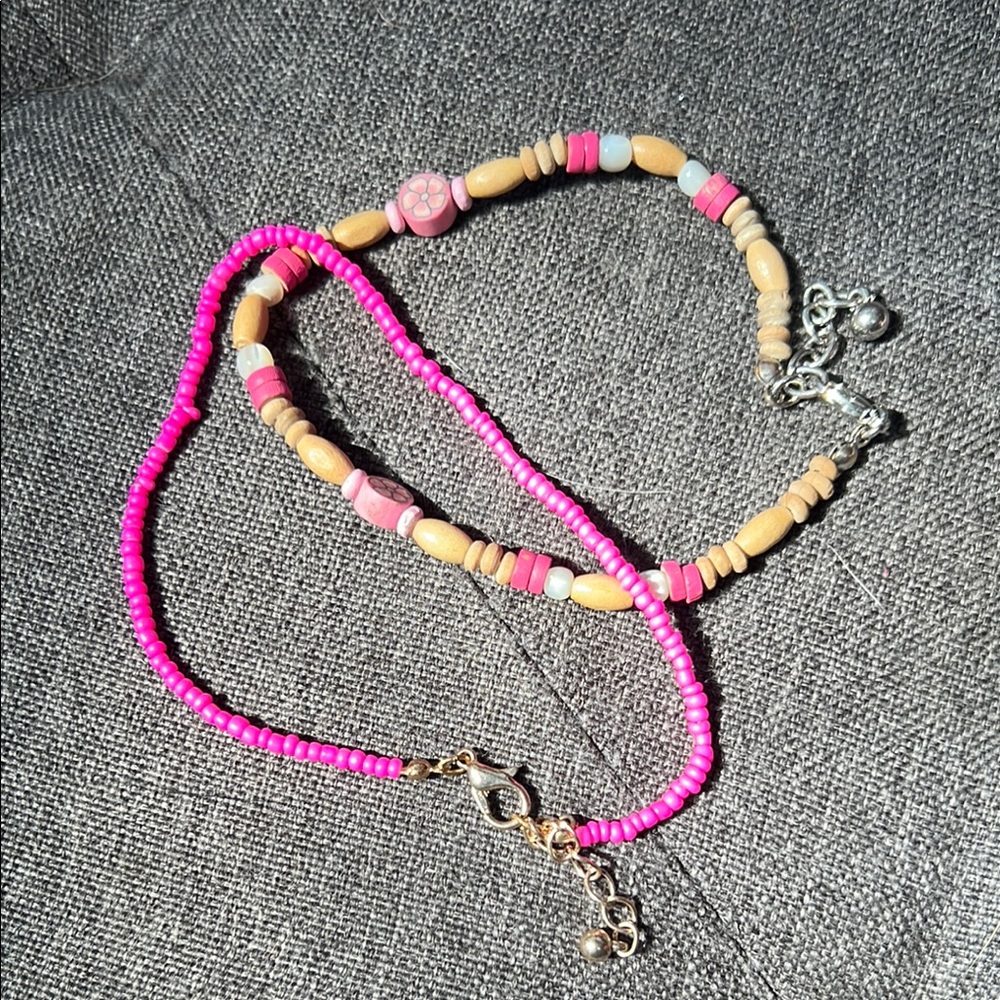 Pink and Tan Beaded Anklet set